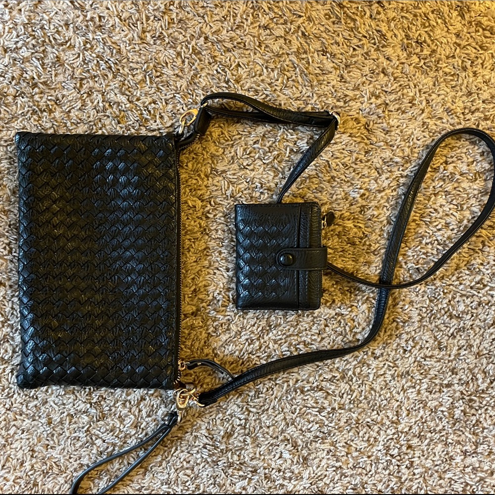 Black woven faux leather cross body bag with matching wallet